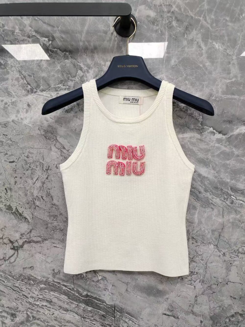 Miu Miu Cream Ribbed Knit Tank Top Pink Crystal Logo Sleeveless Crop Vest